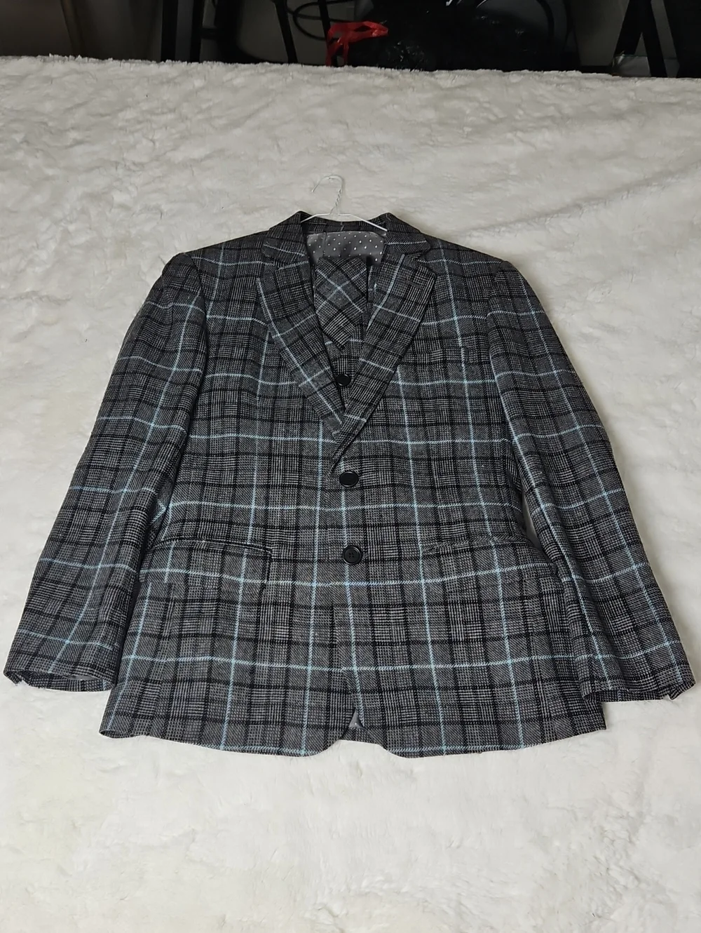 Men's Gray Plaid 3 Piece Suit with Light Blue Windowpane